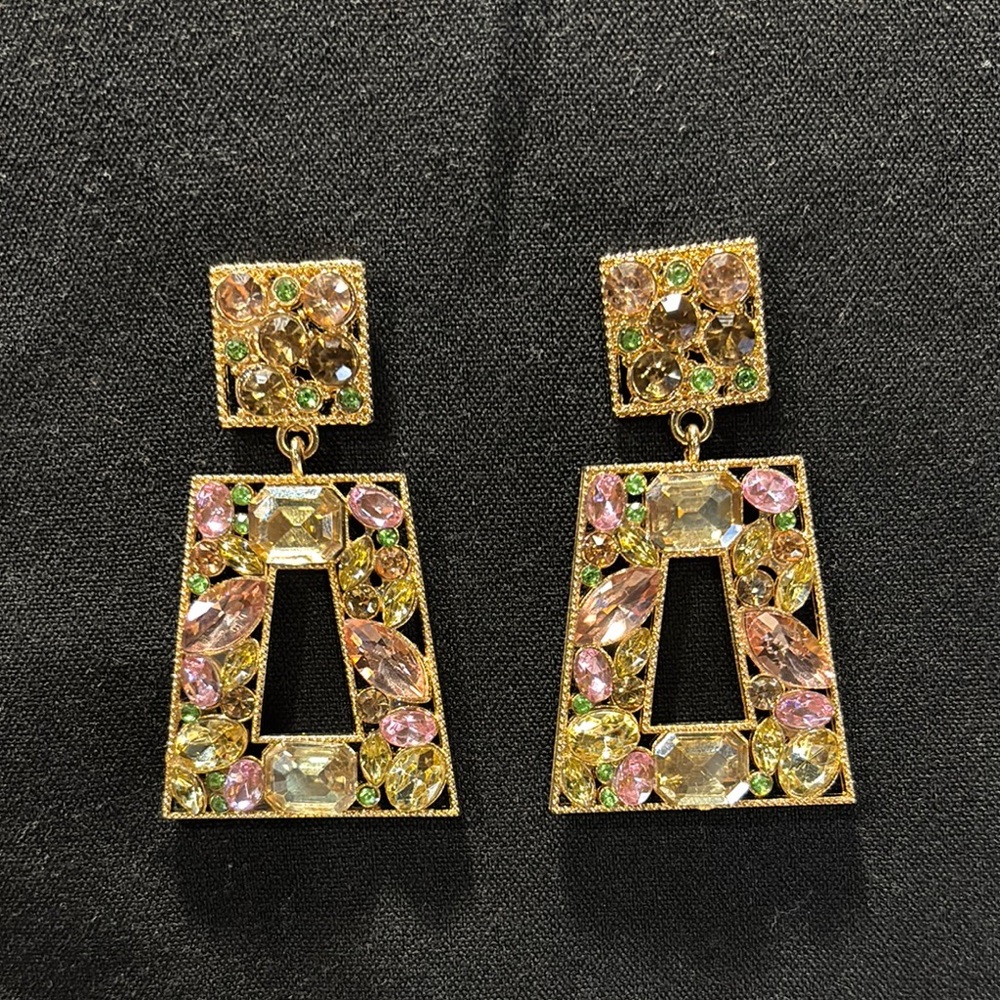 Denifery Crystal Square Dangle Statement Earrings - Gold & Pink